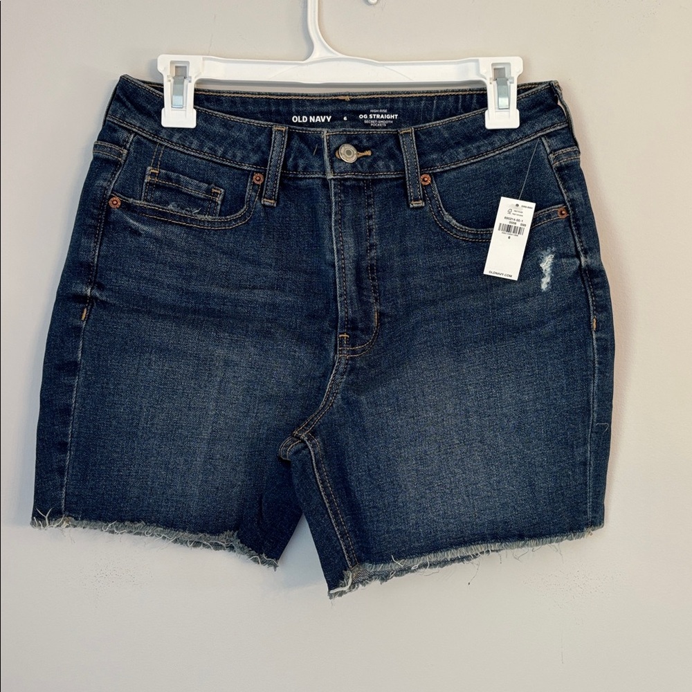 Old Navy Women's OG Straight High Rise Jeans Shorts Dark Blue Denim